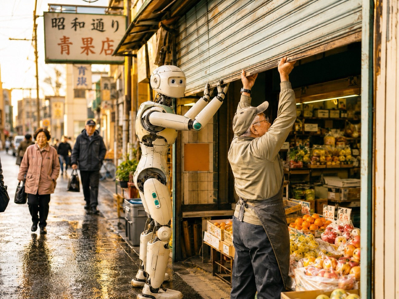 昭和の商店街・青果店でロボットが開店準備を手伝う夕方の風景