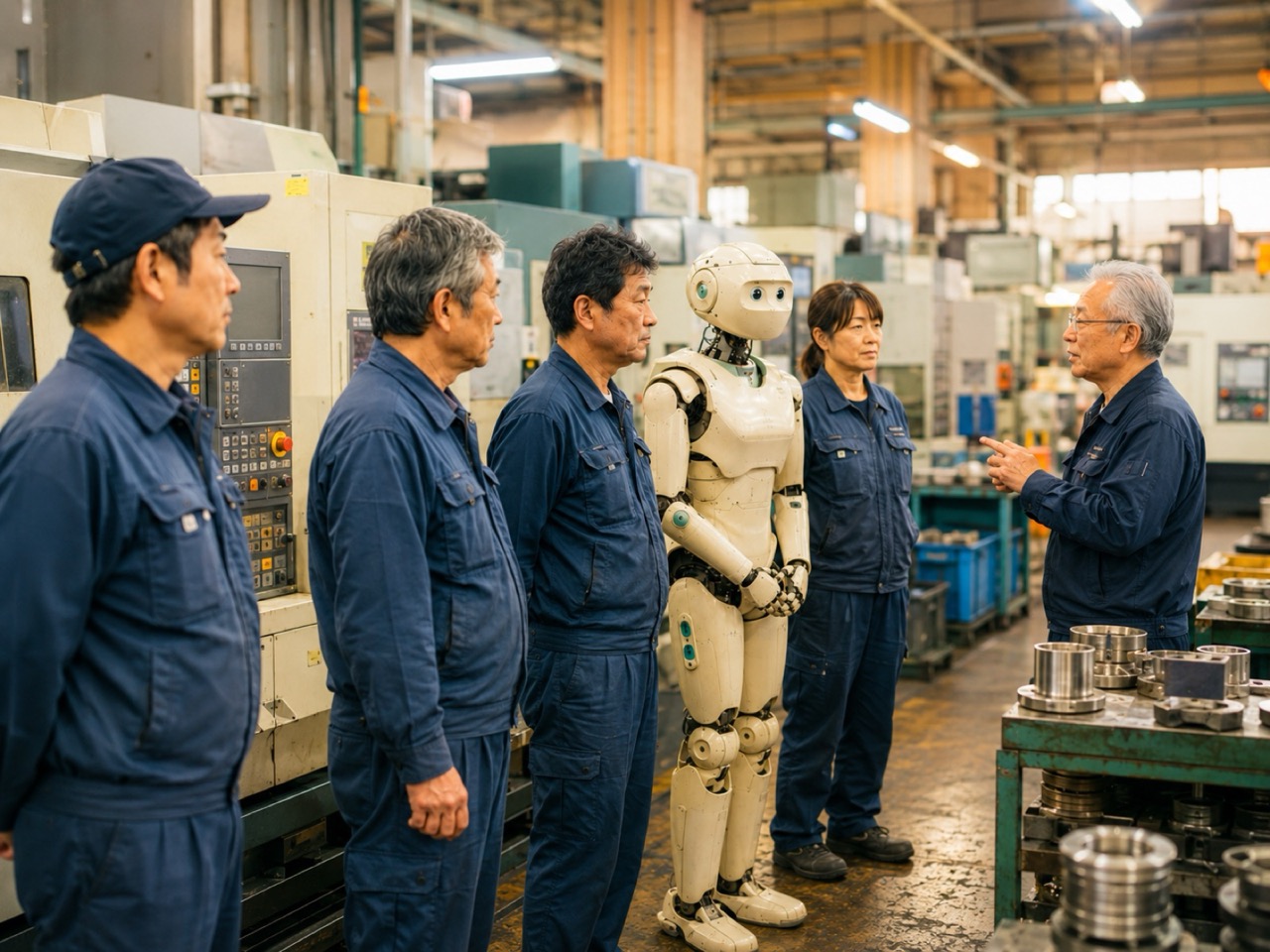 大田区の町工場で熟練の職人たちと並んで朝礼を聞くヒューマノイド