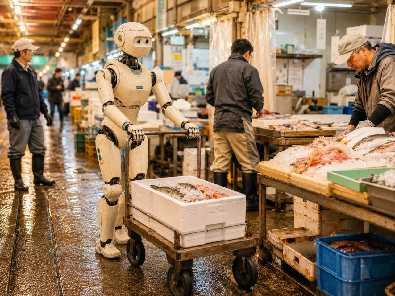 大田市場の早朝、 ヒューマノイドが鮮魚カートを押して運搬する風景