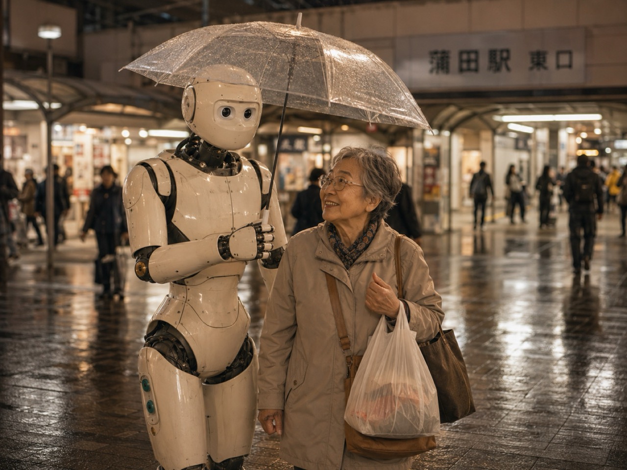 雨の夜の蒲田駅東口で買い物帰りの高齢女性に傘をさすヒューマノイド