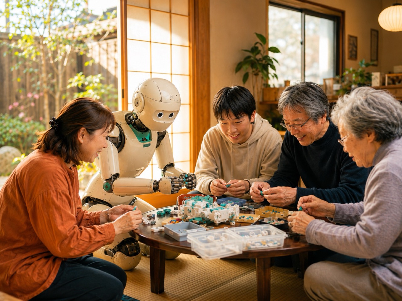 大田区の空き家を改修したリビングラボで多世代が集まりヒューマノイドと小型プロトタイプを試す風景
