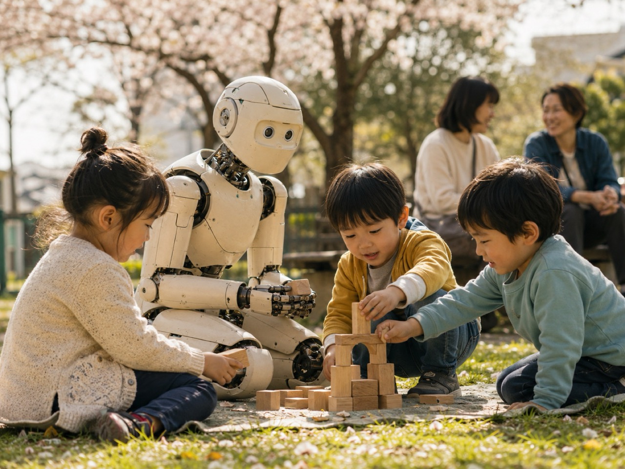 桜の公園で子どもたちと積み木で遊ぶヒューマノイド