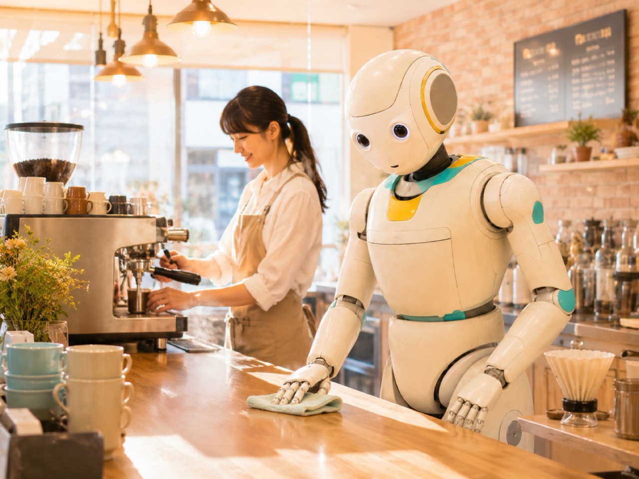 開店前のカフェで女性バリスタとともにカウンターを整えるヒューマノイド