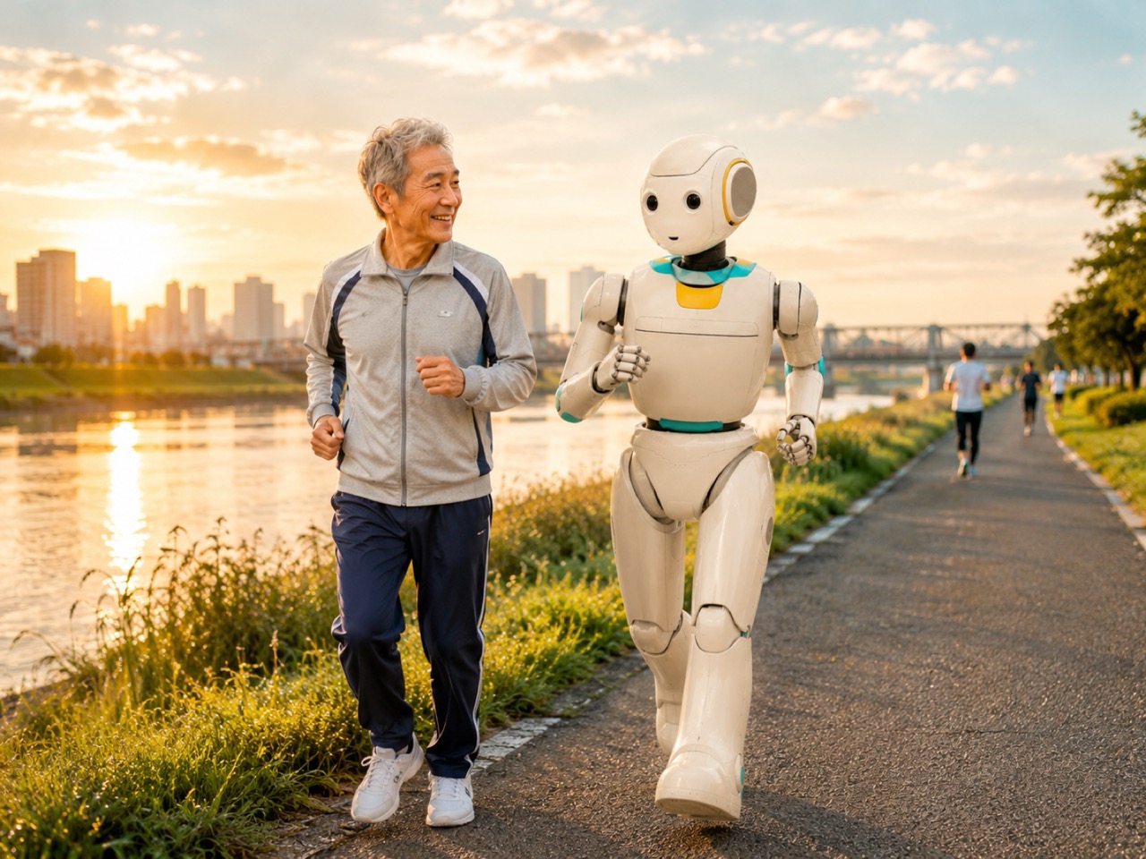 夕焼けの多摩川河川敷で高齢男性と並走するヒューマノイド