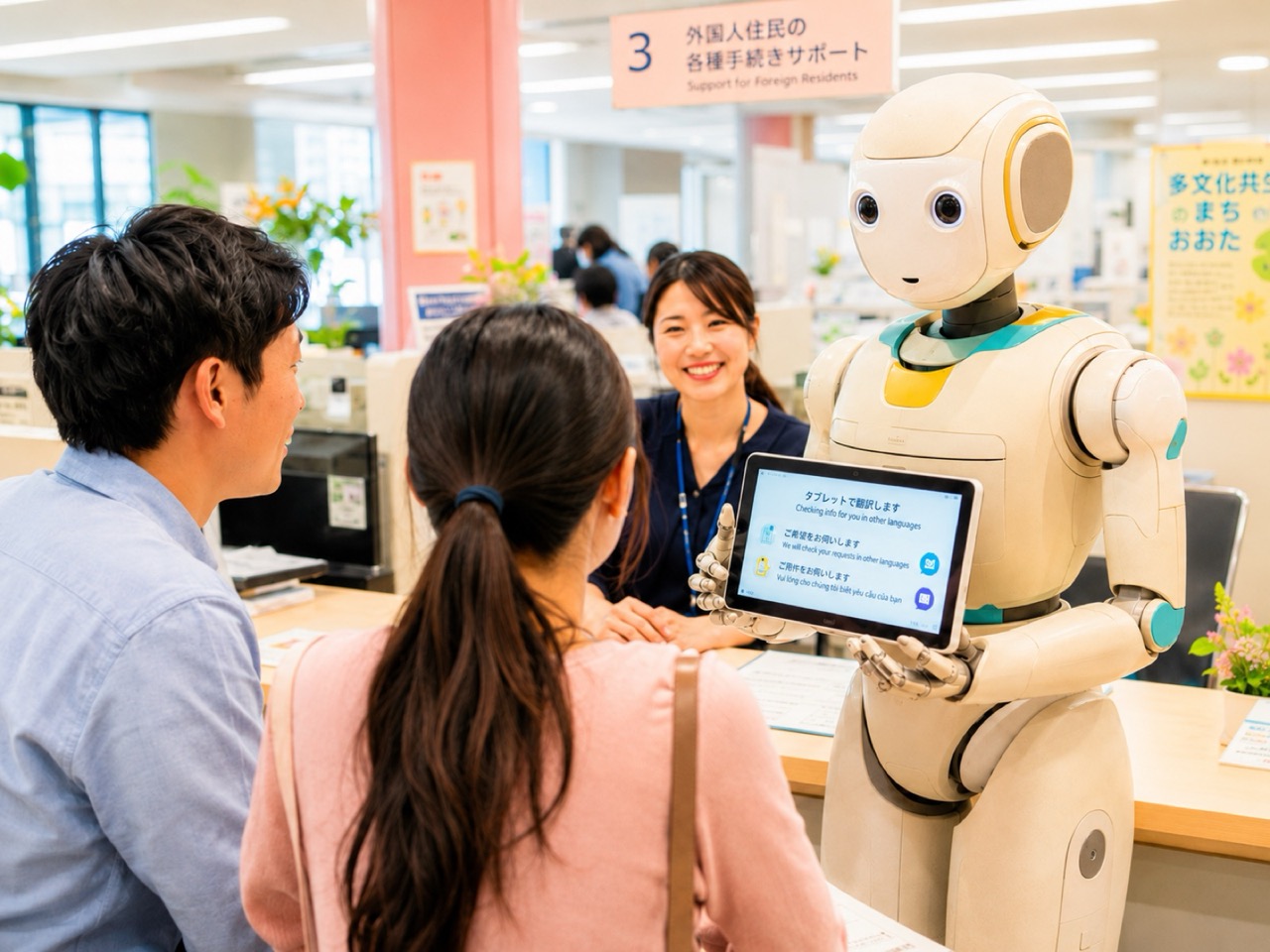 大田区役所の窓口で外国籍住民の手続きをタブレット翻訳で補助するヒューマノイド