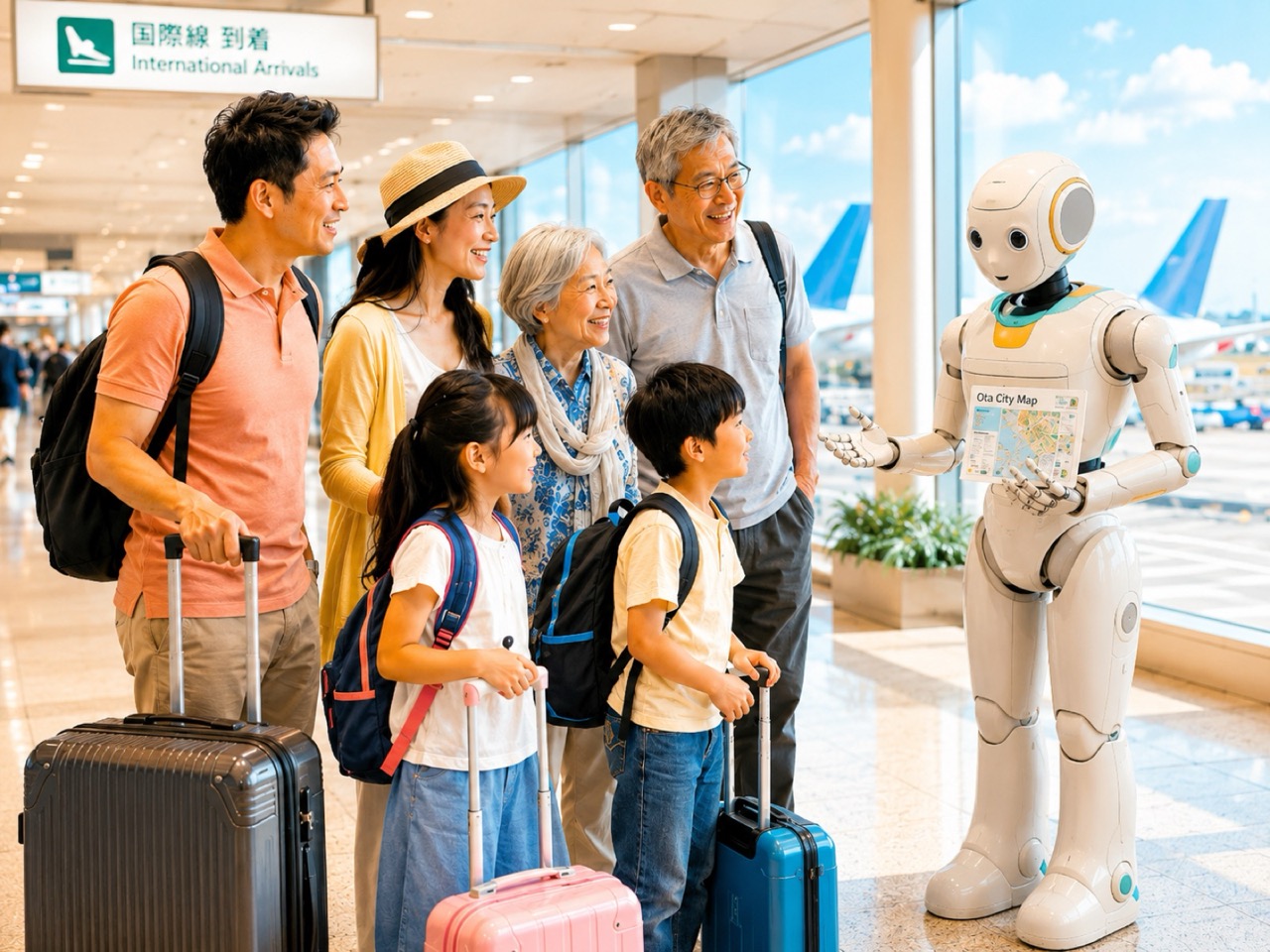 羽田空港国際線到着ロビーで観光家族に大田区マップを差し出すヒューマノイド